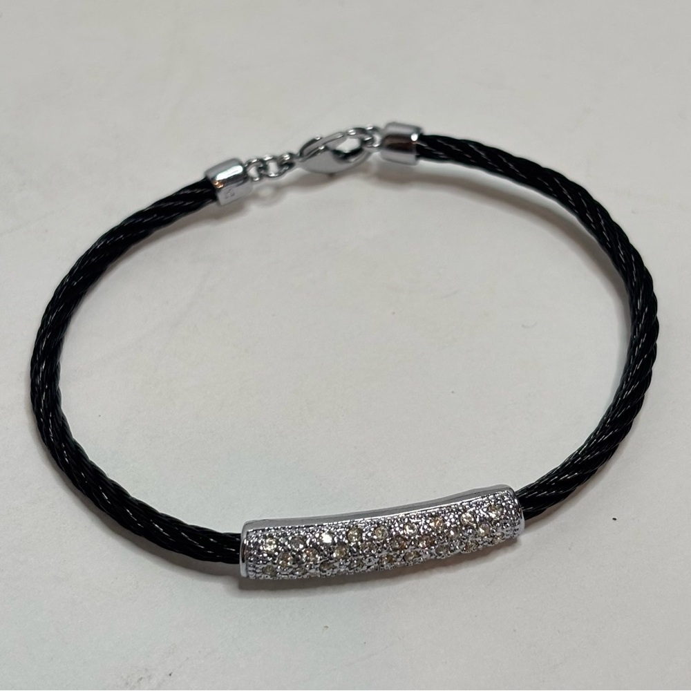 Black Cable Silver Tone Pave Rhinestone Bar Bracelet
